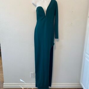 Windsor one shoulder long sleeve semi formal full length dress w/ leg split